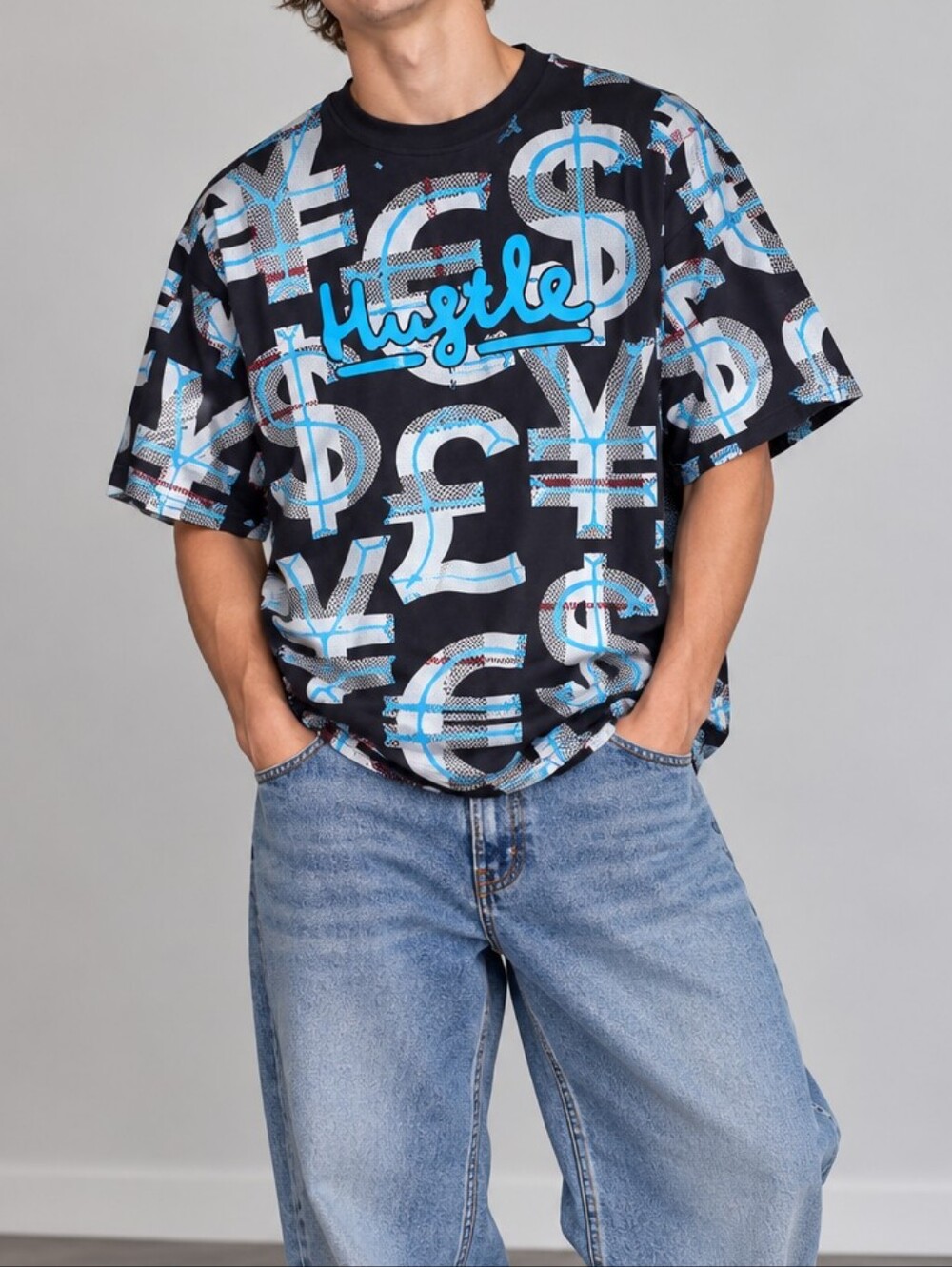 Contender Mens Hustle Money Graphic T Shirt Black Blue 6XL Streetwear Tee